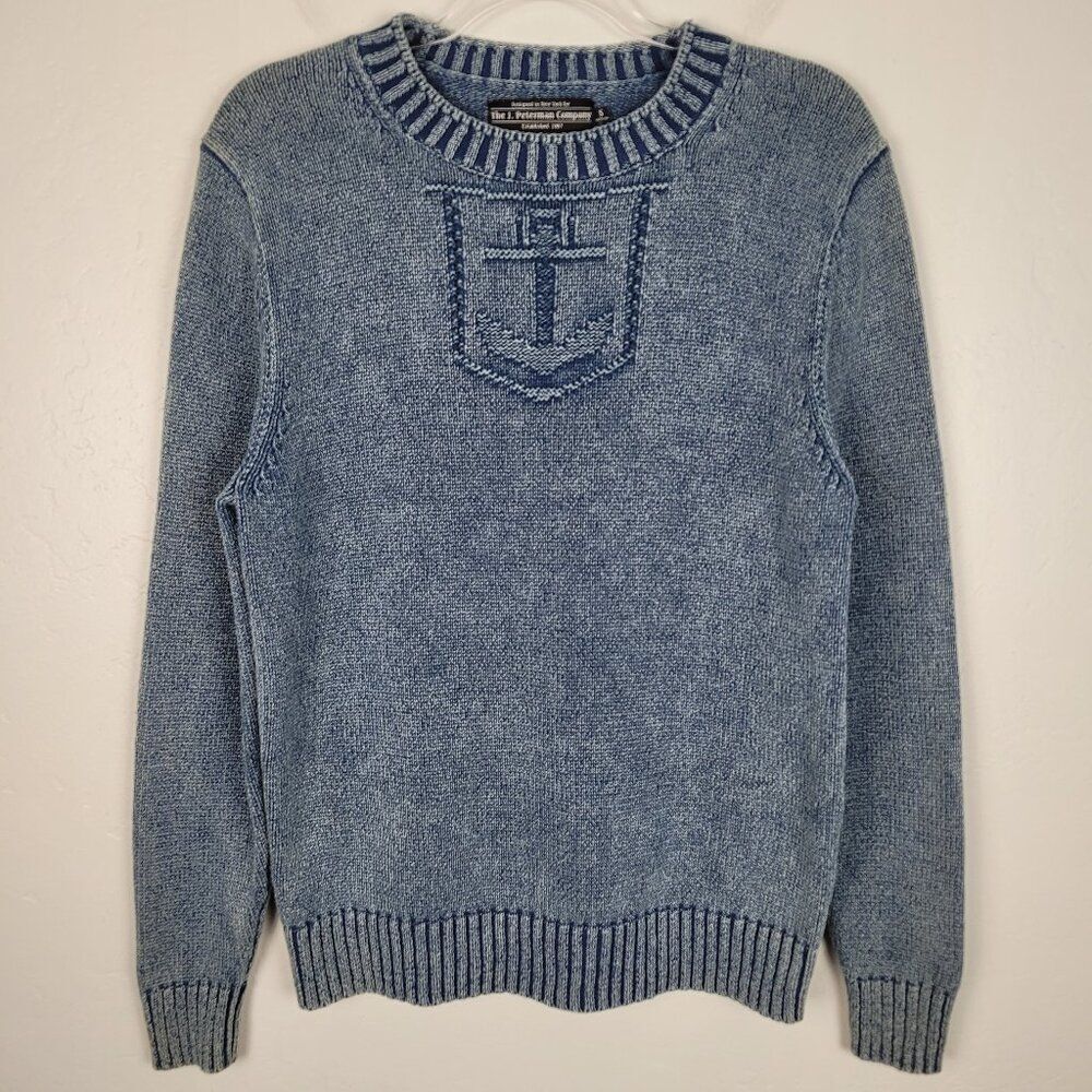 The J. Peterman Company Sweater Indigo Dyed Cotton Sailor Anchor Nautical Mens S